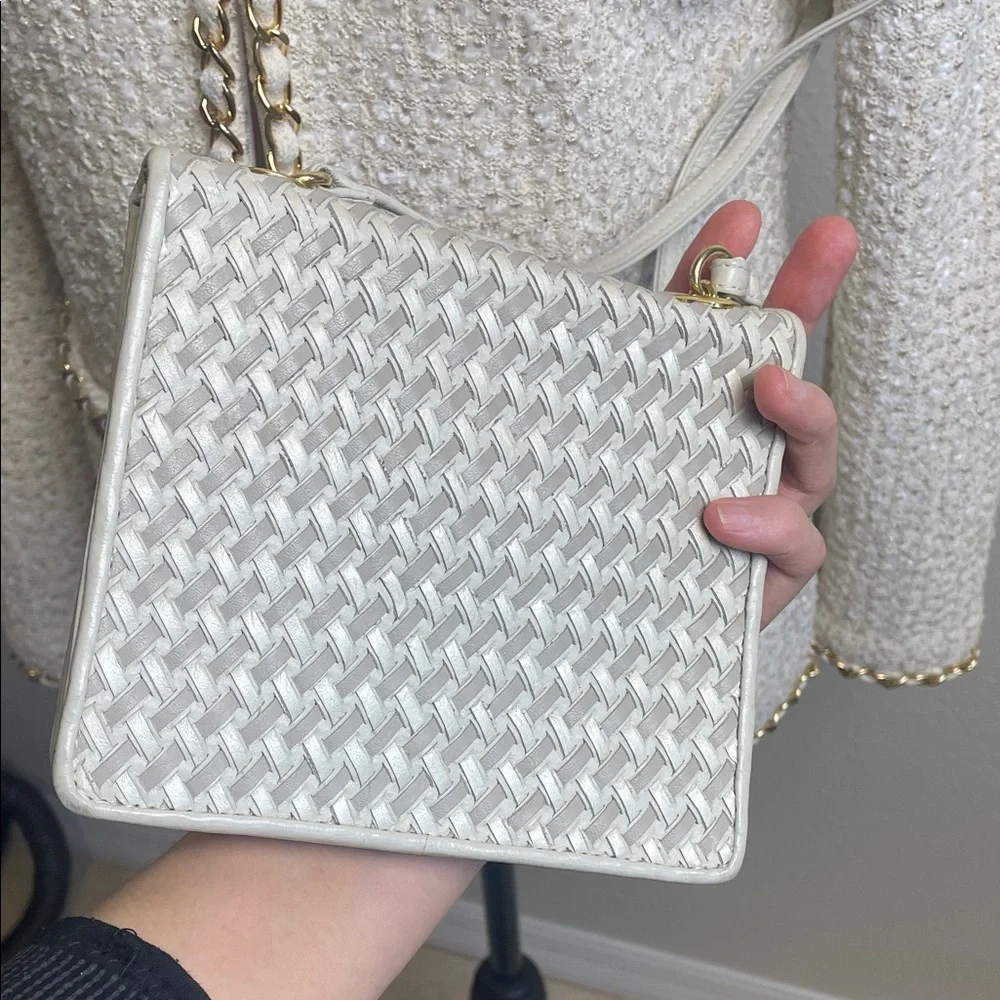 Genuine Leather Beige Silver Cream Woven Crossbody Bag with Gold Accent